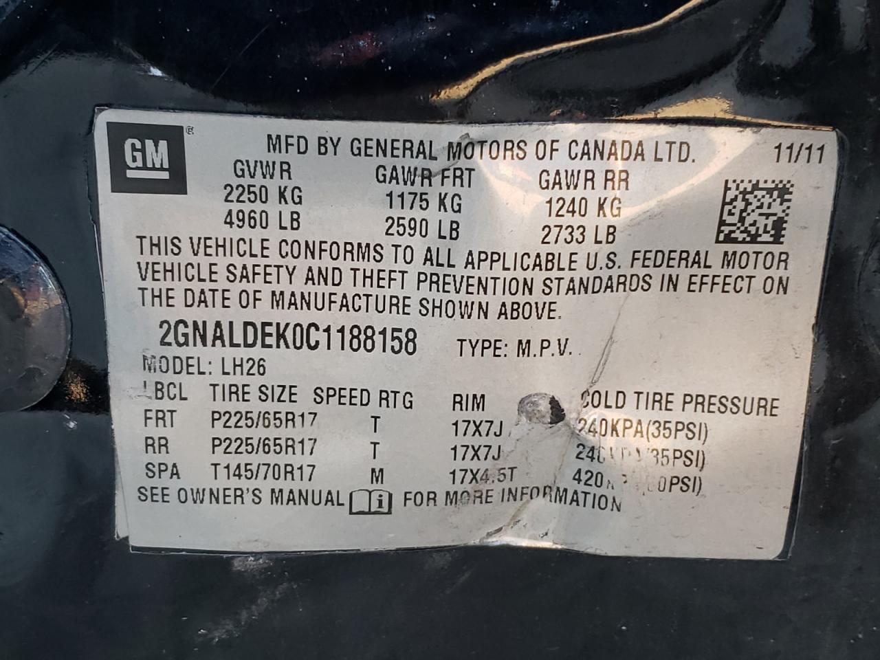 Photo 10 from auction – 2012 CHEVROLET EQUINOX LT with VIN 2GNALDEK0C1188158