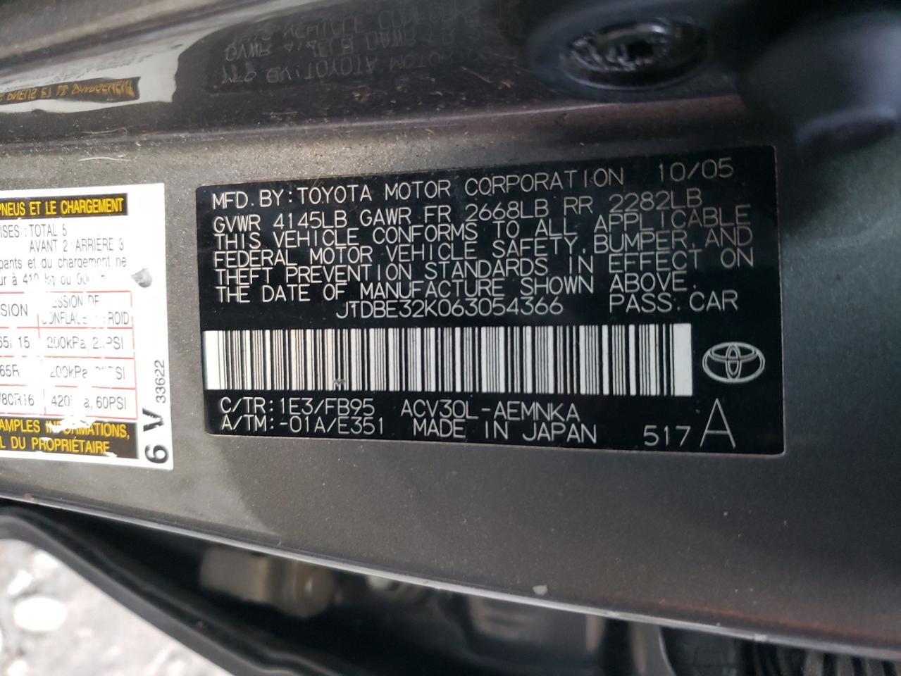 Photo 10 from auction – 2006 TOYOTA CAMRY LE with VIN JTDBE32K063054366