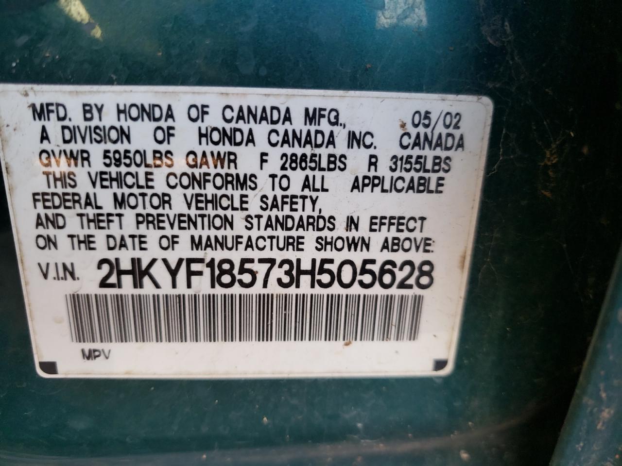 Photo 10 from auction – 2003 HONDA PILOT EXL with VIN 2HKYF18573H505628