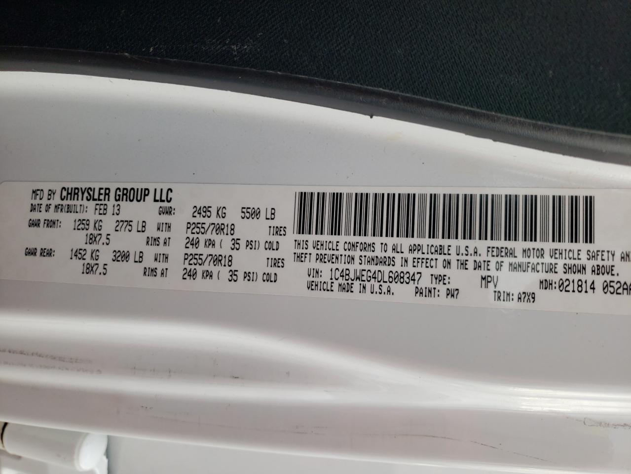 Photo 10 from auction – 2013 JEEP WRANGLER with VIN 1C4BJWEG4DL608347