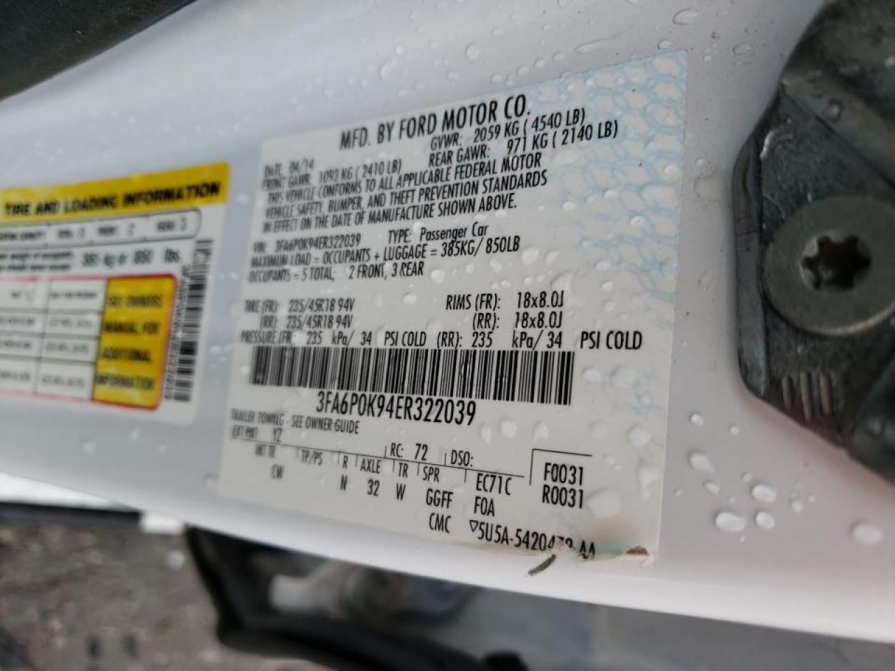 Photo 10 from auction – 2014 FORD FUSION TIT with VIN 3FA6P0K94ER322039