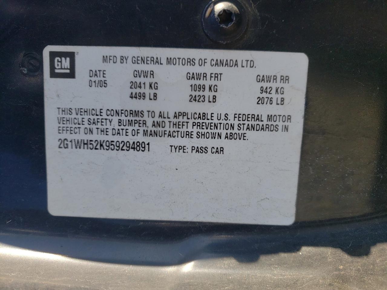 Photo 10 from auction – 2005 CHEVROLET IMPALA LS with VIN 2G1WH52K959294891