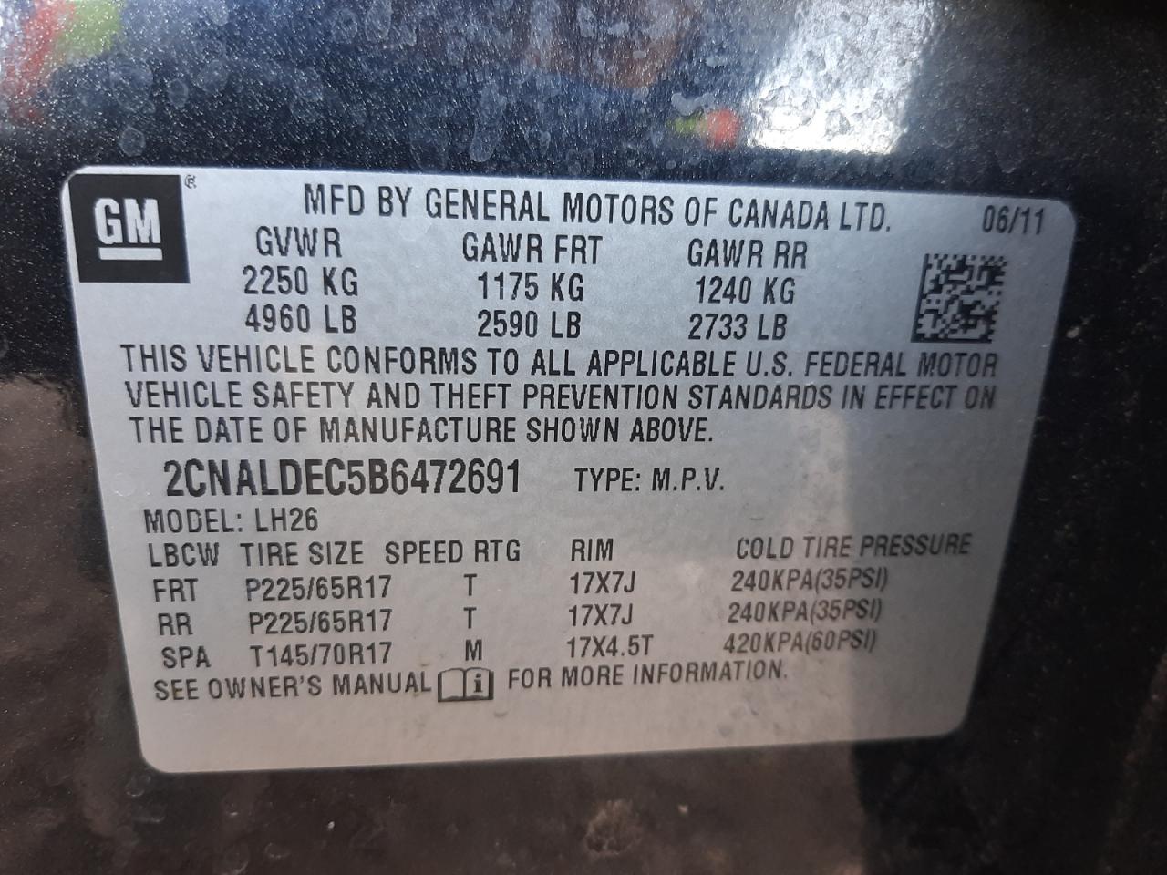 Photo 10 from auction – 2011 CHEVROLET EQUINOX LT with VIN 2CNALDEC5B6472691