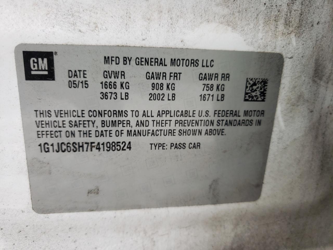 Photo 10 from auction – 2015 CHEVROLET SONIC LT with VIN 1G1JC6SH7F4198524