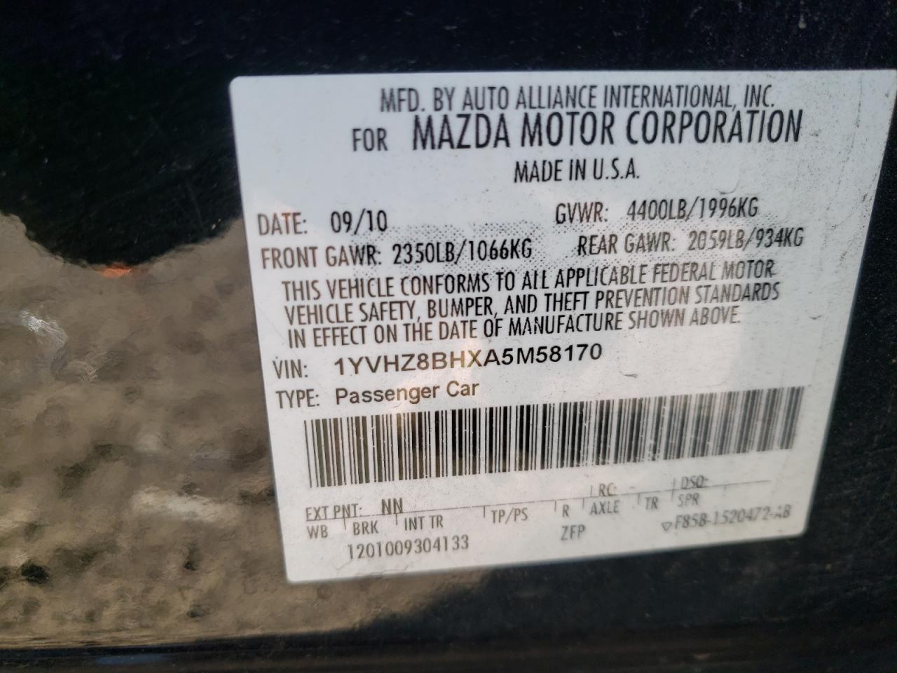 Photo 10 from auction – 2010 MAZDA 6 I with VIN 1YVHZ8BHXA5M58170