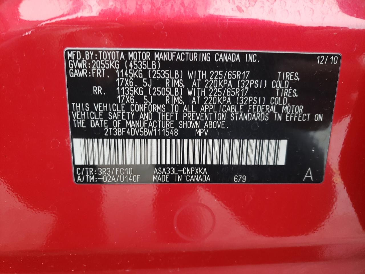 Photo 10 from auction – 2011 TOYOTA RAV4 with VIN 2T3BF4DV5BW111548