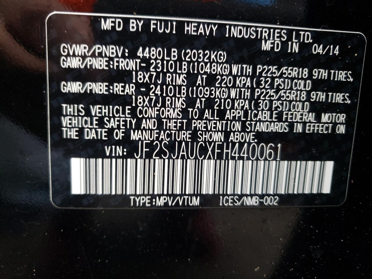 Photo 10 from auction – 2015 SUBARU FORESTER 2 with VIN JF2SJAUCXFH440061