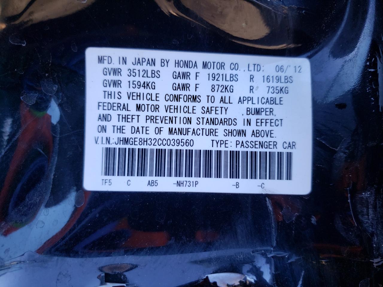 Photo 10 from auction – 2012 HONDA FIT with VIN JHMGE8H32CC039560