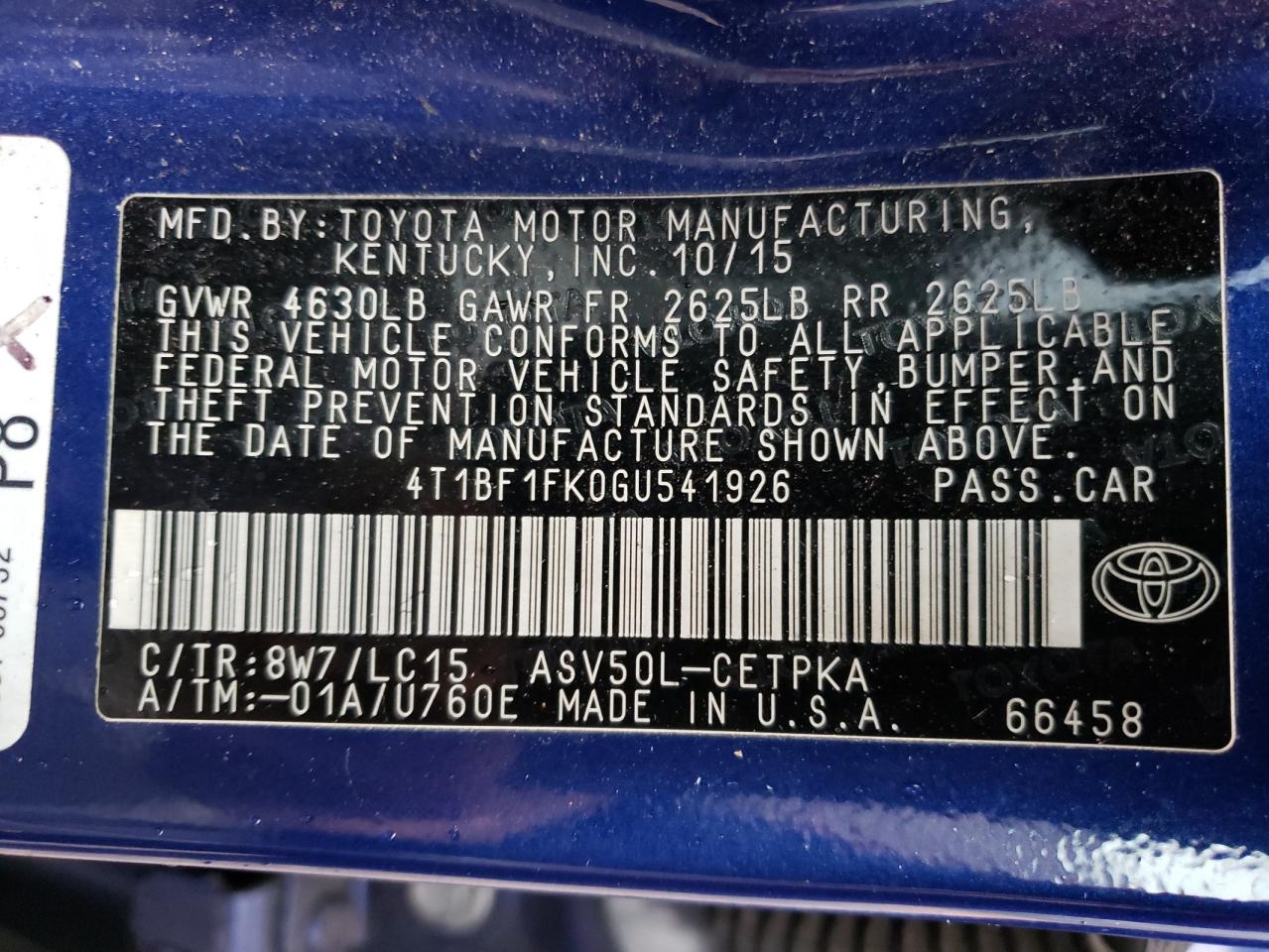 Photo 10 from auction – 2016 TOYOTA CAMRY LE with VIN 4T1BF1FK0GU541926