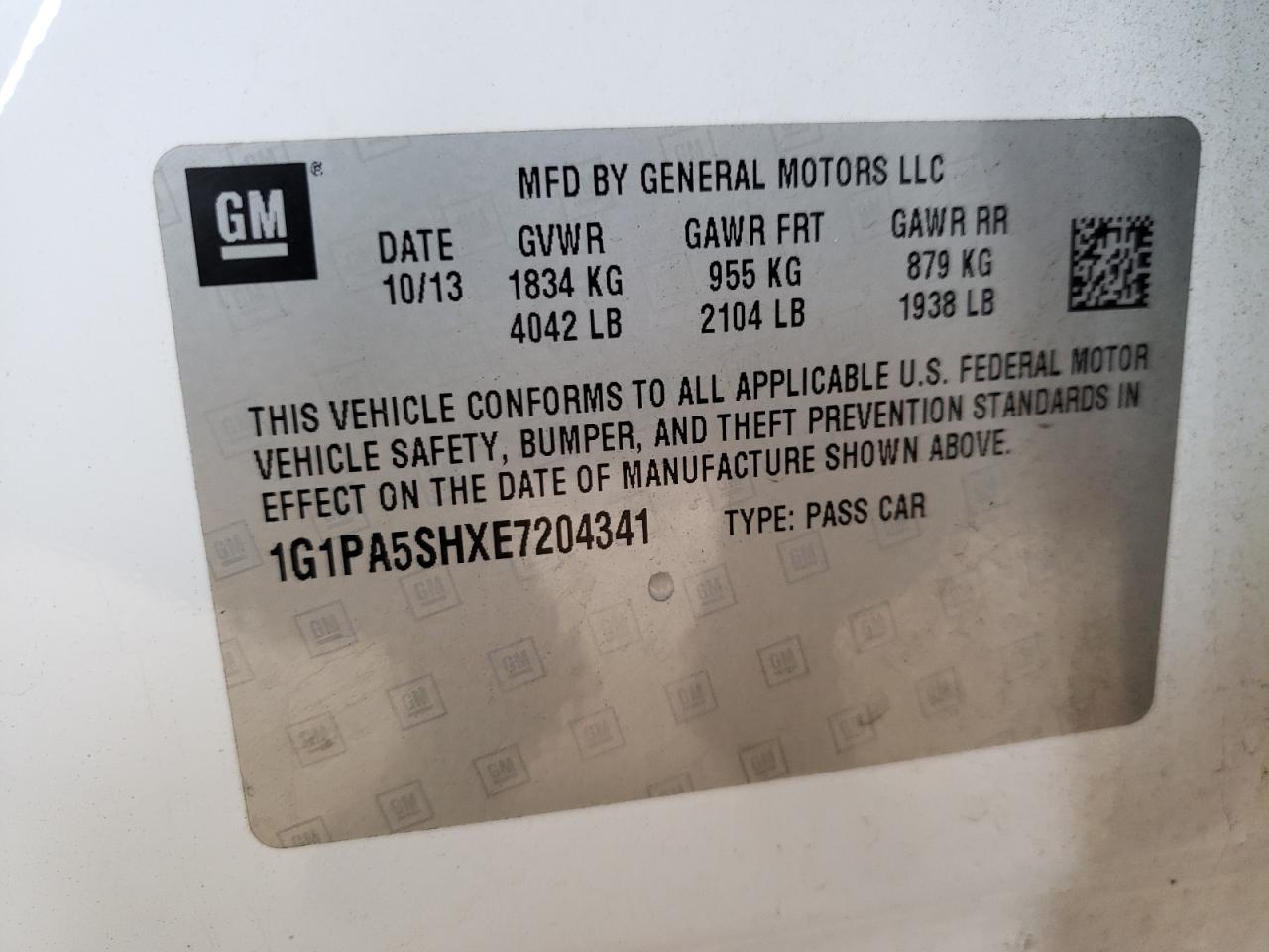 Photo 10 from auction – 2014 CHEVROLET CRUZE LS with VIN 1G1PA5SHXE7204341