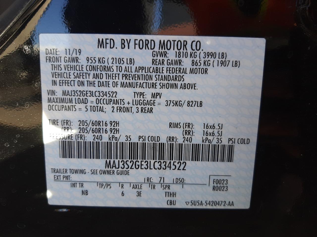 Photo 10 from auction – 2020 FORD ECOSPORT S with VIN MAJ3S2GE3LC334522