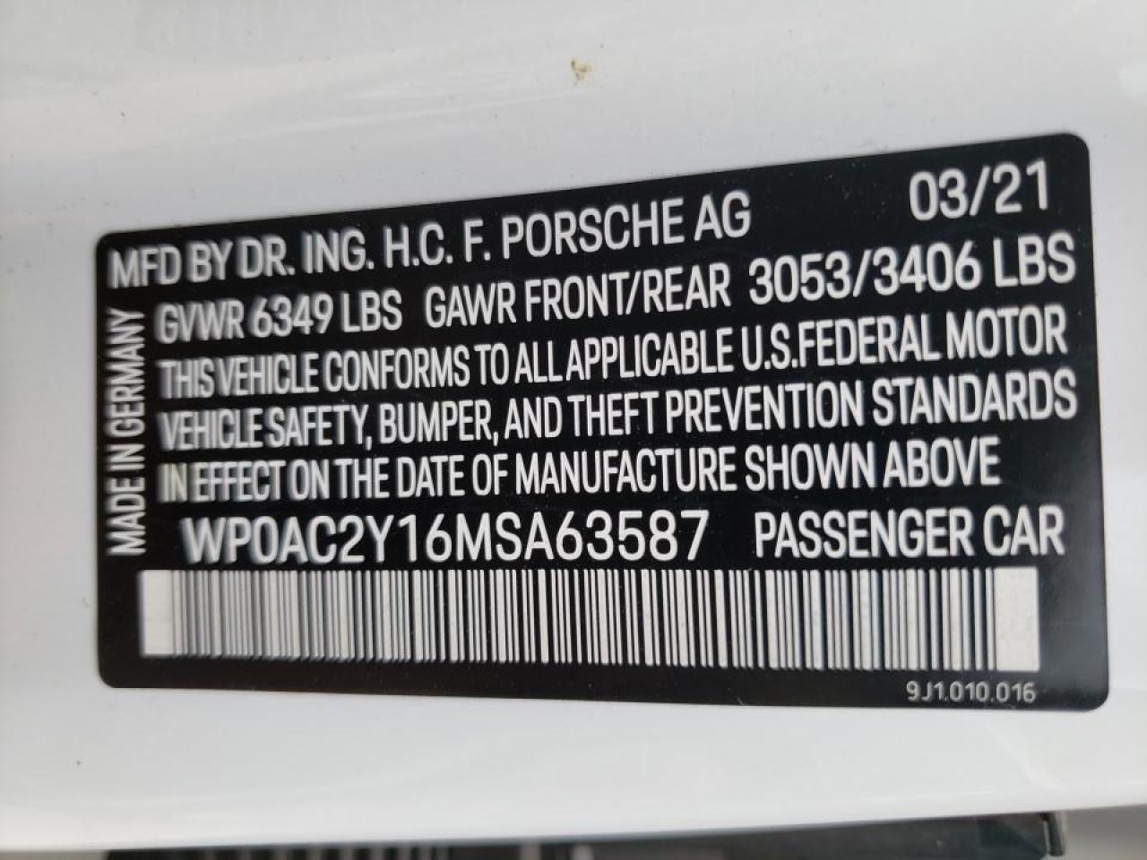 Photo 10 from auction – 2021 PORSCHE TAYCAN TUR with VIN WP0AC2Y16MSA63587