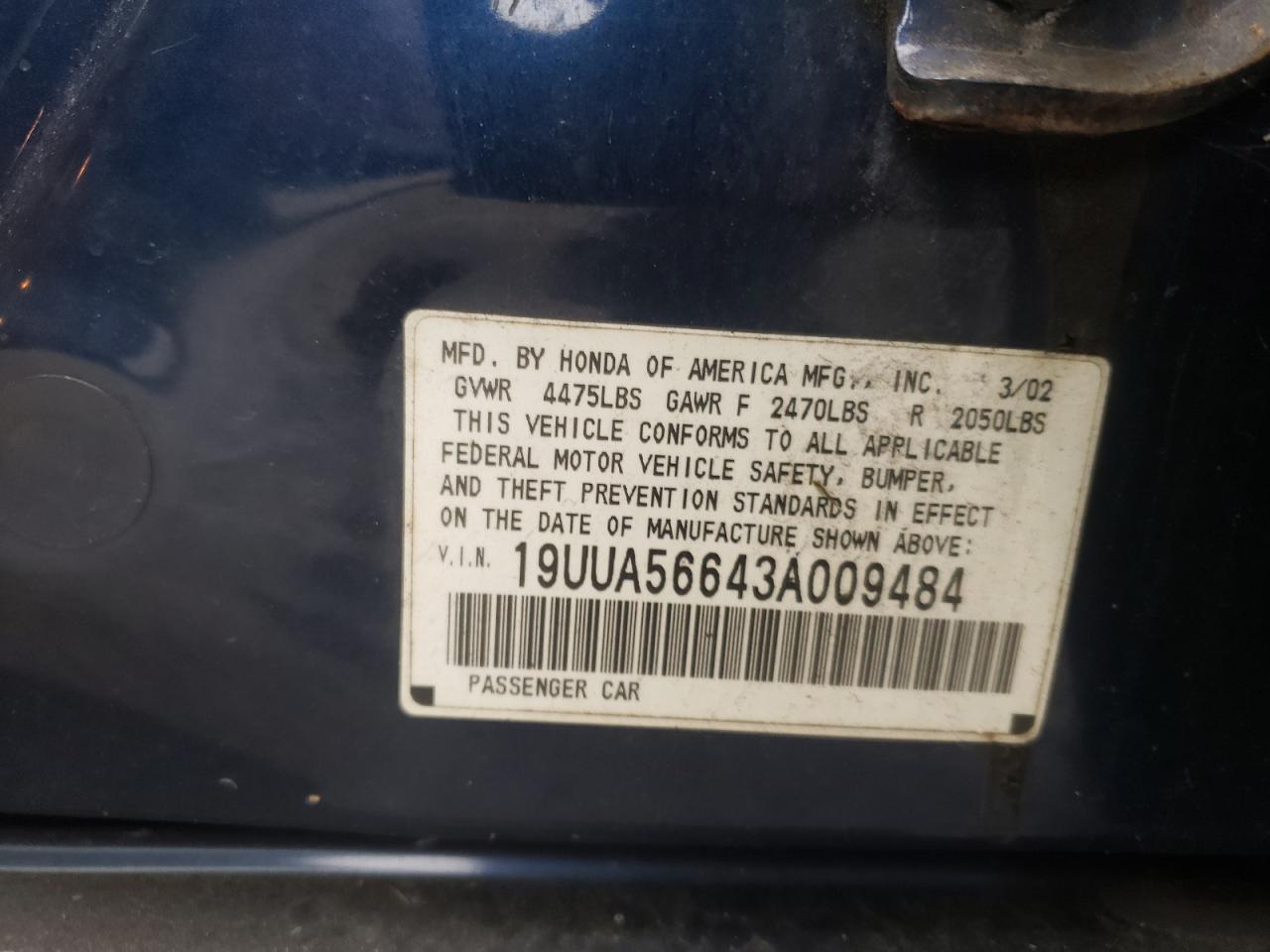Photo 10 from auction – 2003 ACURA TL with VIN 19UUA56643A009484