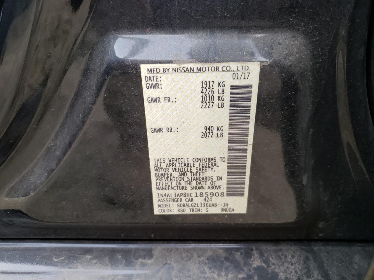 Photo 10 from auction – 2017 NISSAN ALTIMA 2.5 with VIN 1N4AL3AP8HC185908