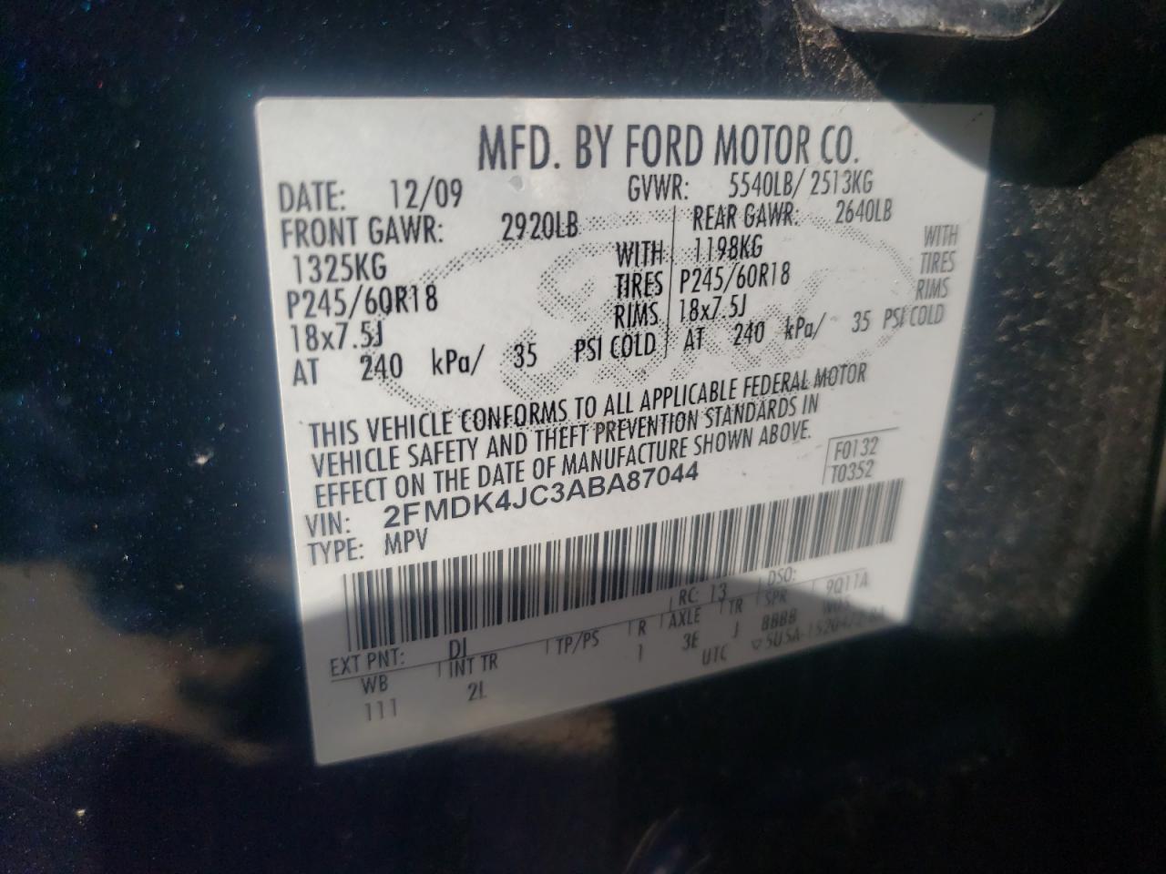 Photo 10 from auction – 2010 FORD EDGE SEL with VIN 2FMDK4JC3ABA87044