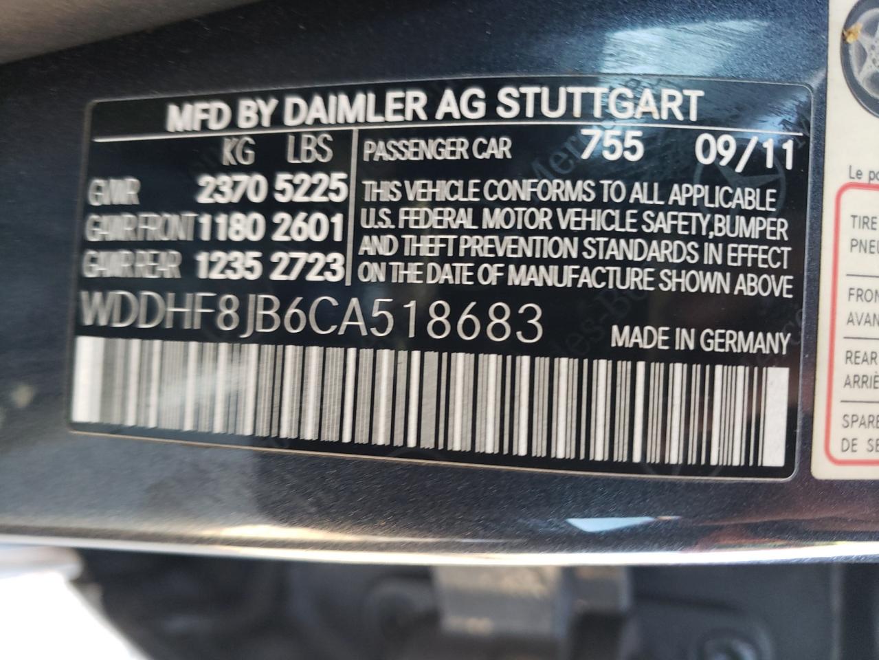 Photo 10 from auction – 2012 MERCEDES-BENZ E 350 4MAT with VIN WDDHF8JB6CA518683