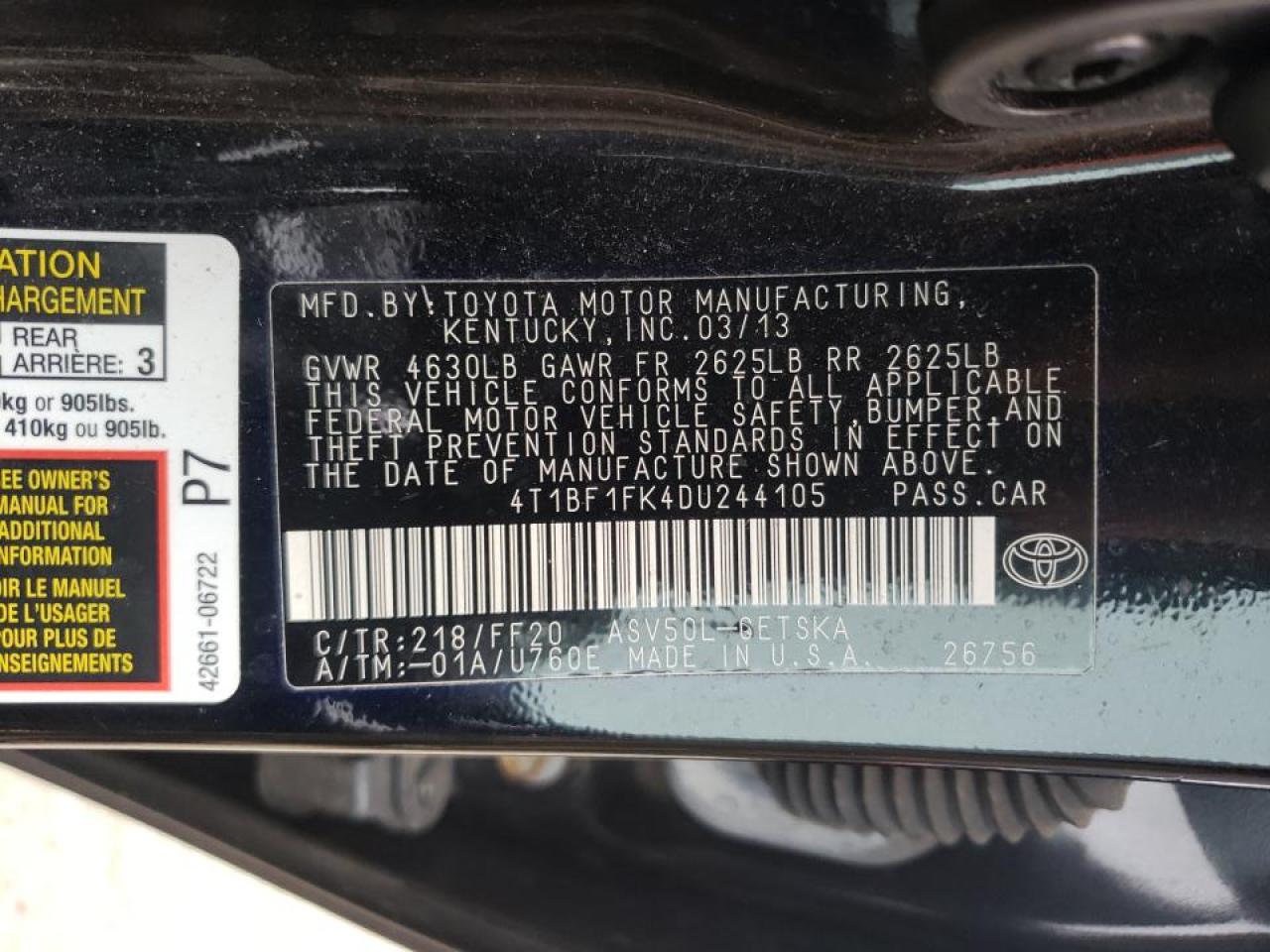 Photo 10 from auction – 2013 TOYOTA CAMRY L with VIN 4T1BF1FK4DU244105