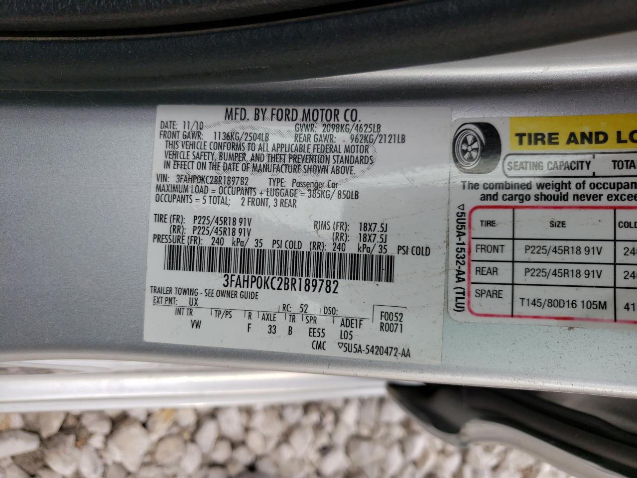 Photo 10 from auction – 2011 FORD FUSION SPO with VIN 3FAHP0KC2BR189782