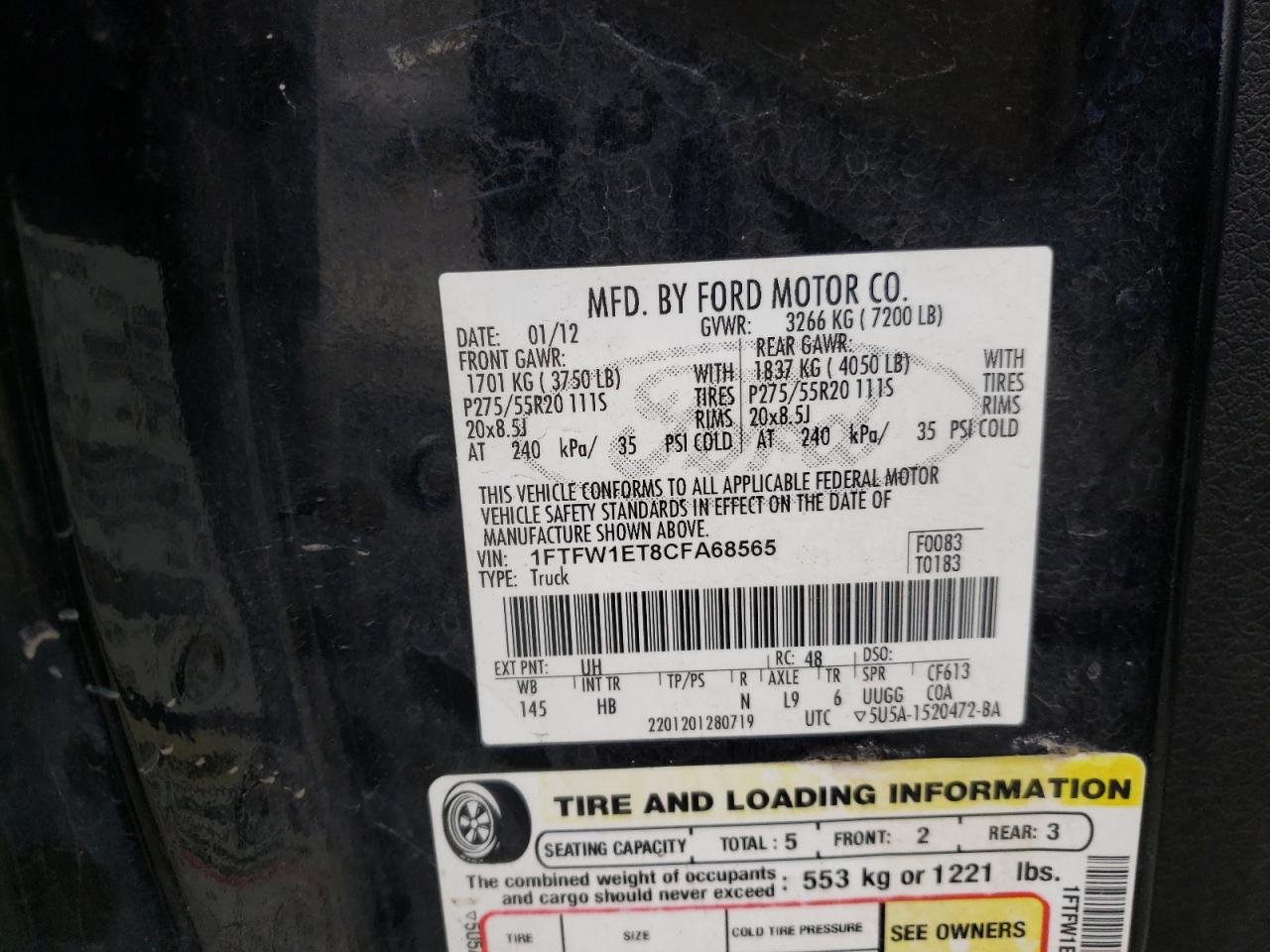Photo 10 from auction – 2012 FORD F150 SUPER with VIN 1FTFW1ET8CFA68565