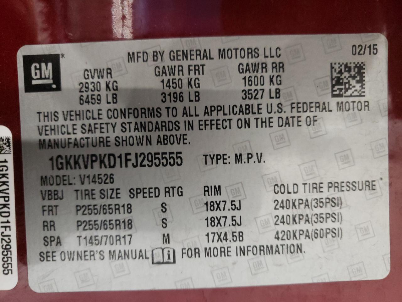Photo 10 from auction – 2015 GMC ACADIA SLE with VIN 1GKKVPKD1FJ295555