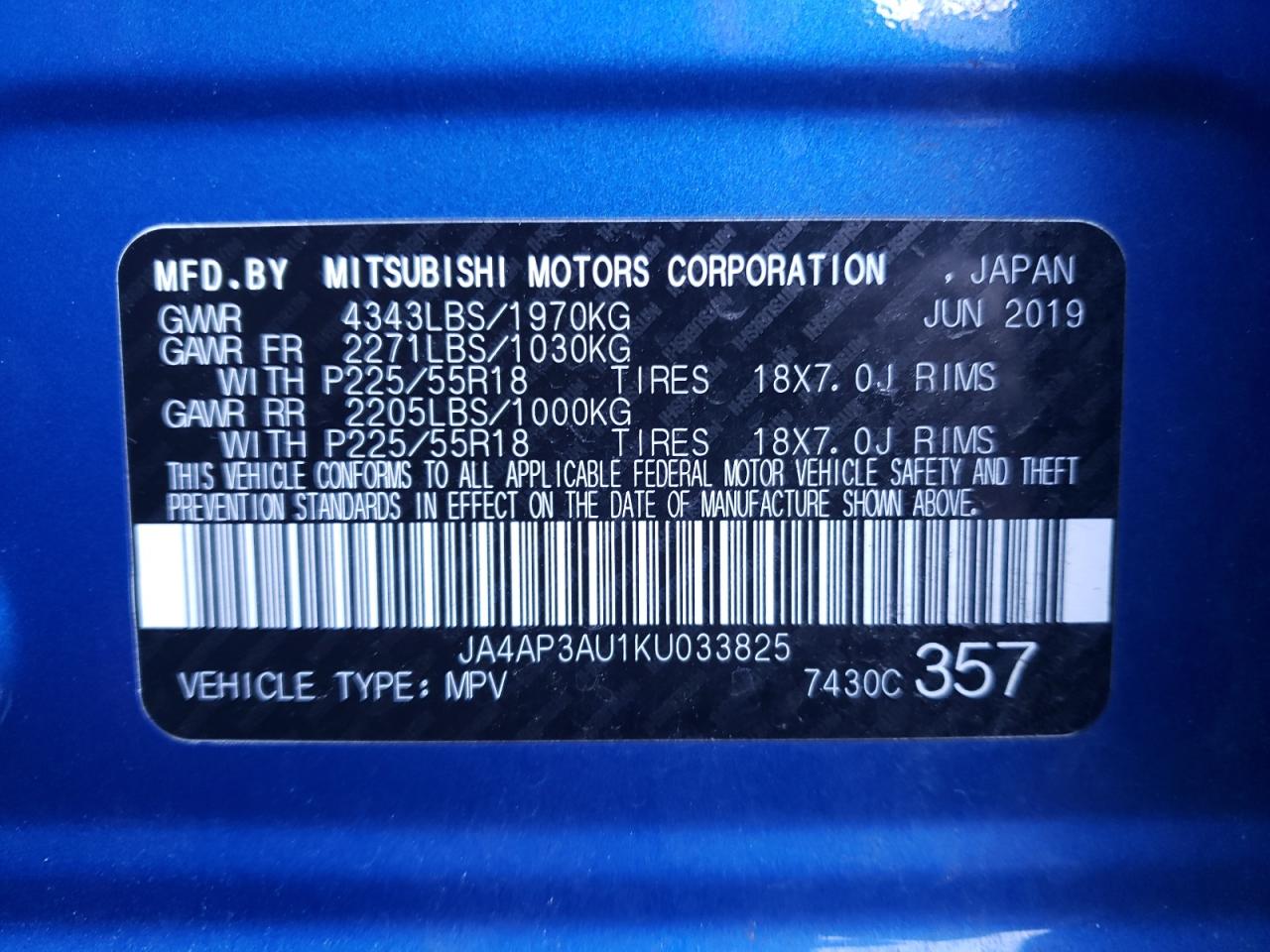 Photo 10 from auction – 2019 MITSUBISHI OUTLANDER with VIN JA4AP3AU1KU033825
