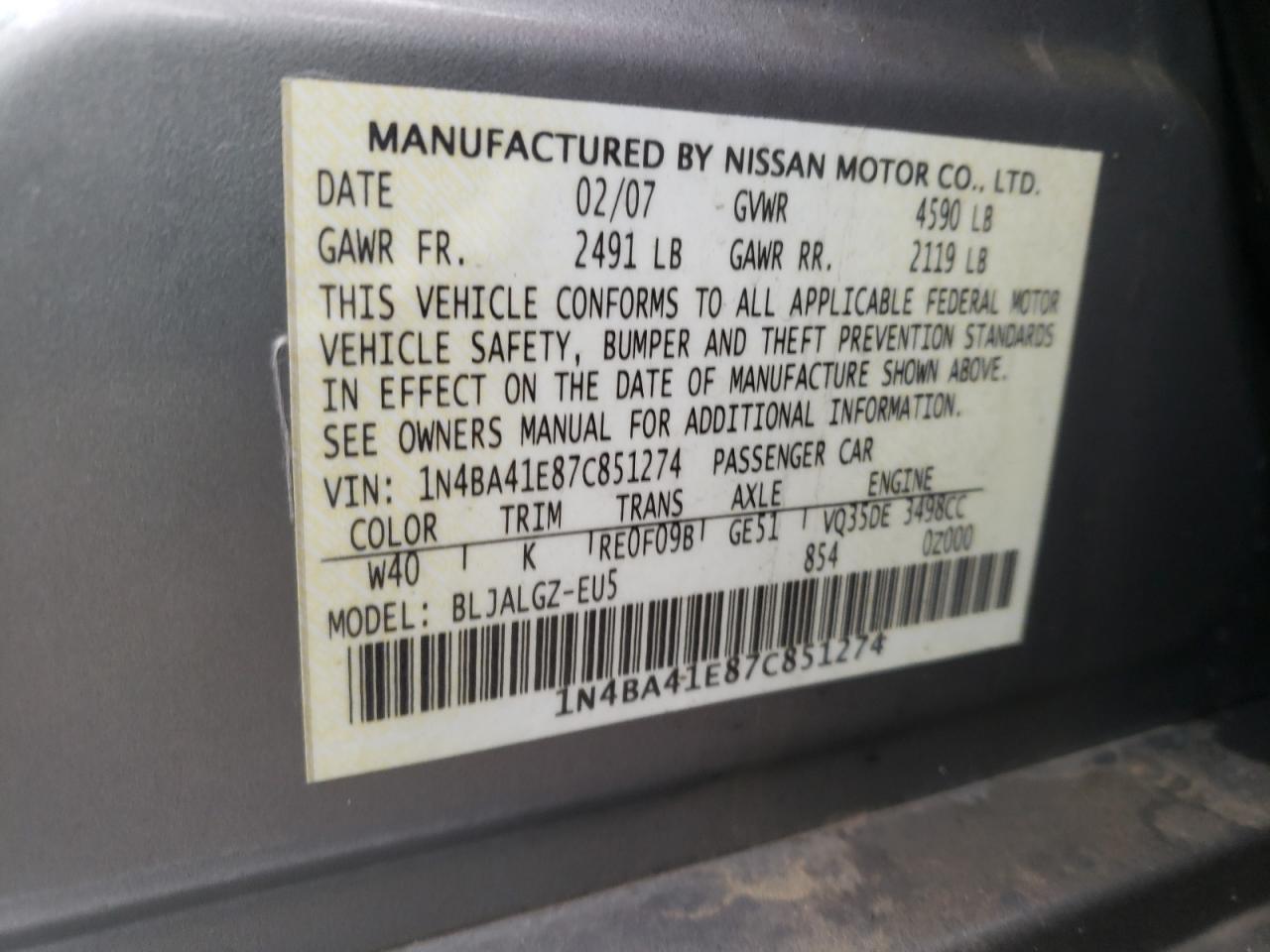 Photo 10 from auction – 2007 NISSAN MAXIMA SE with VIN 1N4BA41E87C851274