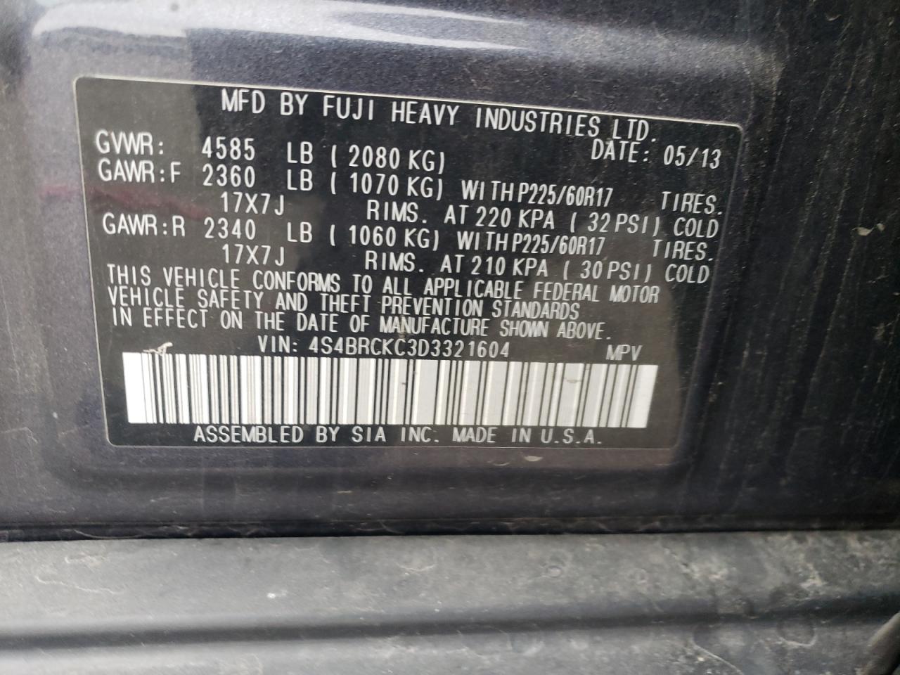 Photo 10 from auction – 2013 SUBARU OUTBACK 2. with VIN 4S4BRCKC3D3321604