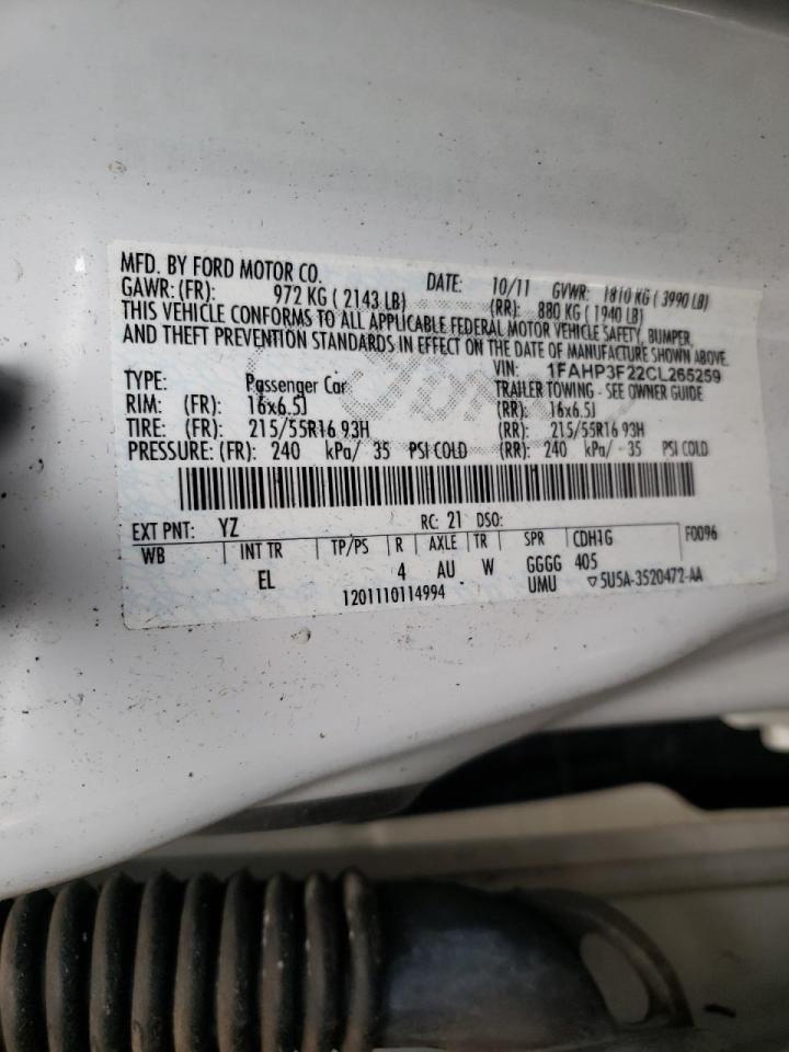 Photo 10 from auction – 2012 FORD FOCUS SE with VIN 1FAHP3F22CL265259