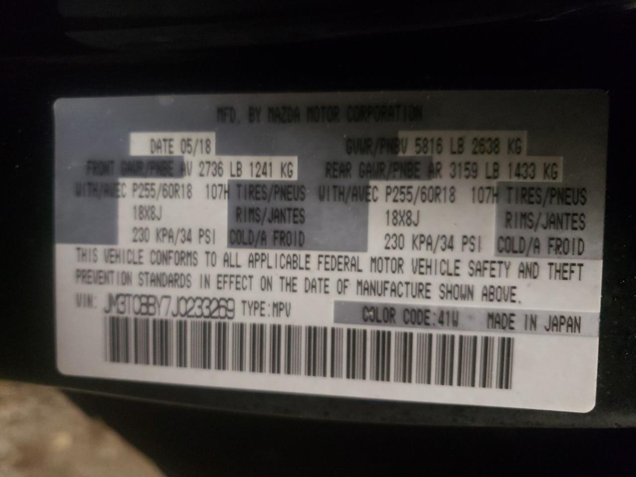 Photo 10 from auction – 2018 MAZDA CX-9 SPORT with VIN JM3TCBBY7J0233269