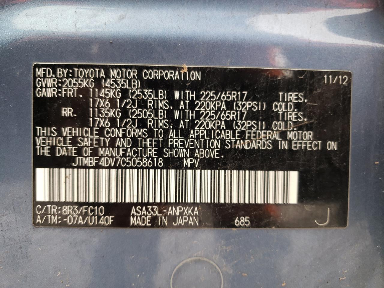 Photo 10 from auction – 2012 TOYOTA RAV4 with VIN JTMBF4DV7C5058618