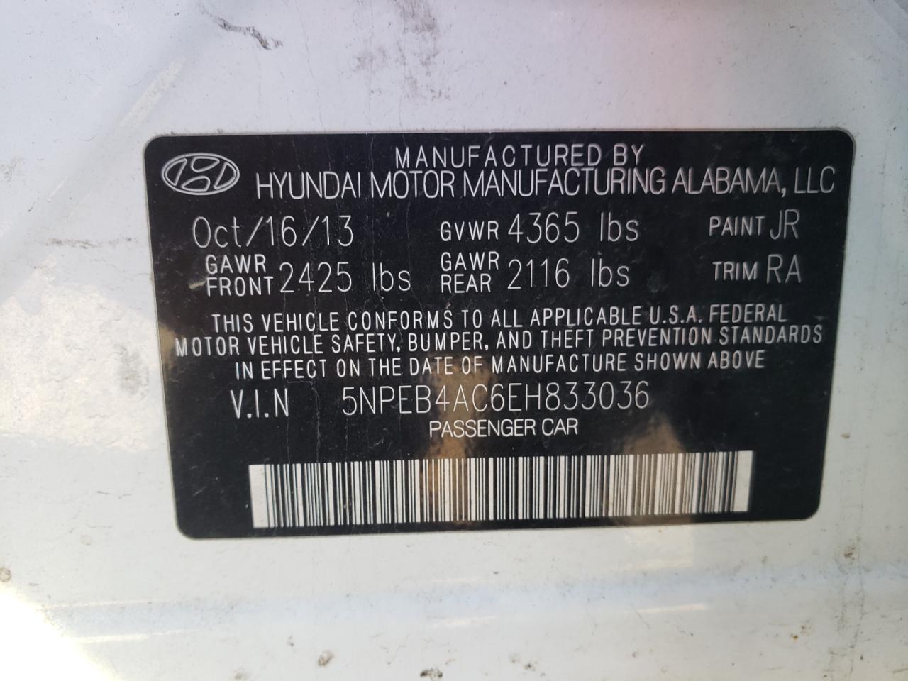 Photo 10 from auction – 2014 HYUNDAI SONATA GLS with VIN 5NPEB4AC6EH833036