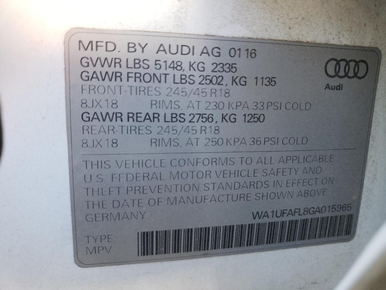 Photo 10 from auction – 2016 AUDI A4 ALLROAD with VIN WA1UFAFL8GA015965