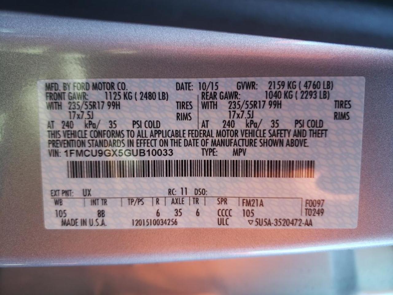 Photo 10 from auction – 2016 FORD ESCAPE SE with VIN 1FMCU9GX5GUB10033