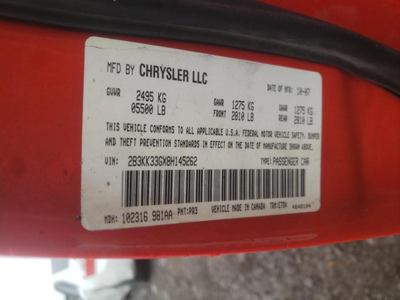 Photo 10 from auction – 2008 DODGE CHARGER SX with VIN 2B3KK33GX8H145262