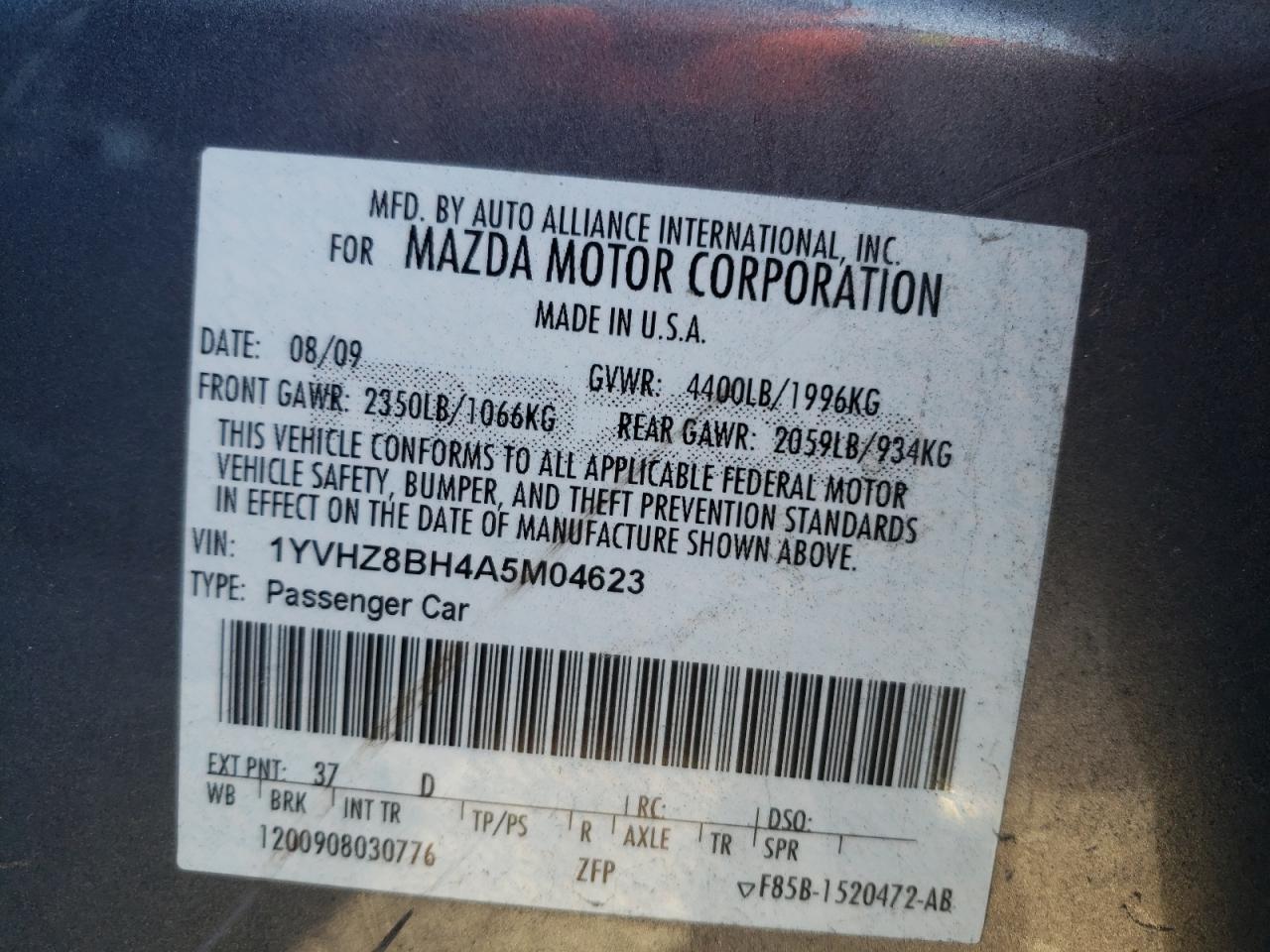 Photo 10 from auction – 2010 MAZDA 6 I with VIN 1YVHZ8BH4A5M04623