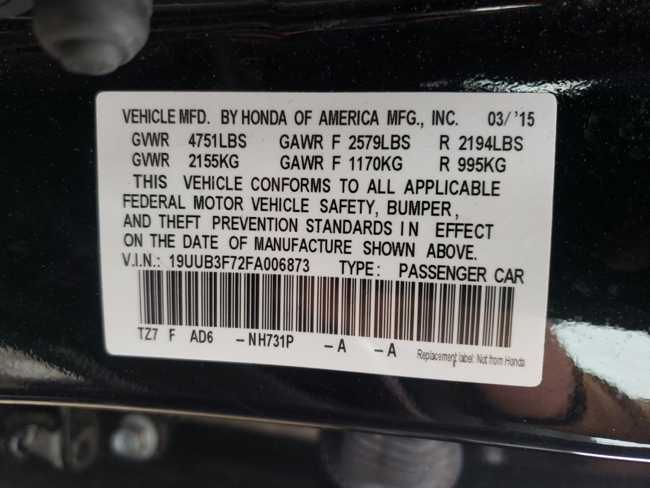 Photo 10 from auction – 2015 ACURA TLX ADVANC with VIN 19UUB3F72FA006873