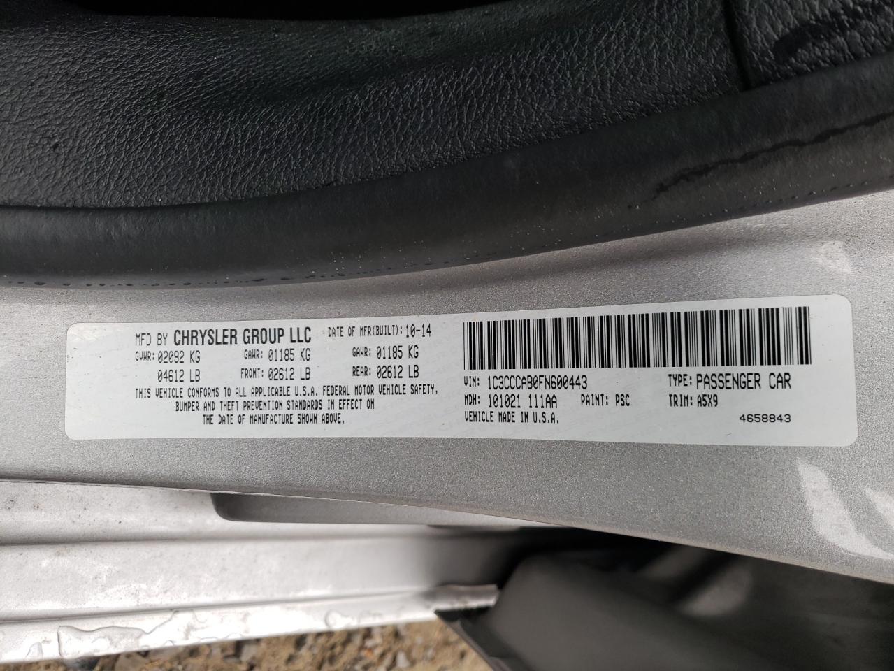 Photo 10 from auction – 2015 CHRYSLER 200 LIMITE with VIN 1C3CCCAB0FN600443