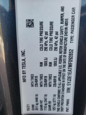Photo 10 from auction – 2021 TESLA MODEL 3 with VIN 5YJ3E1EA7MF092852