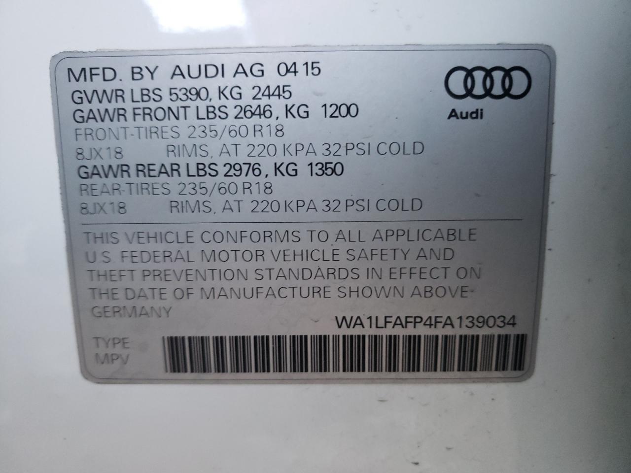 Foto 10 de la subasta – 2015 AUDI Q5 PREMIUM con VIN WA1LFAFP4FA139034