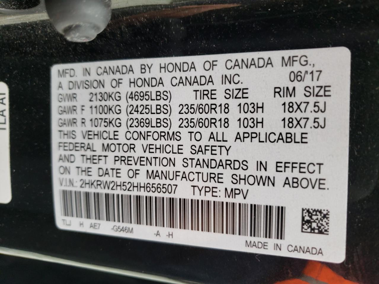 Photo 10 from auction – 2017 HONDA CR-V EX with VIN 2HKRW2H52HH656507