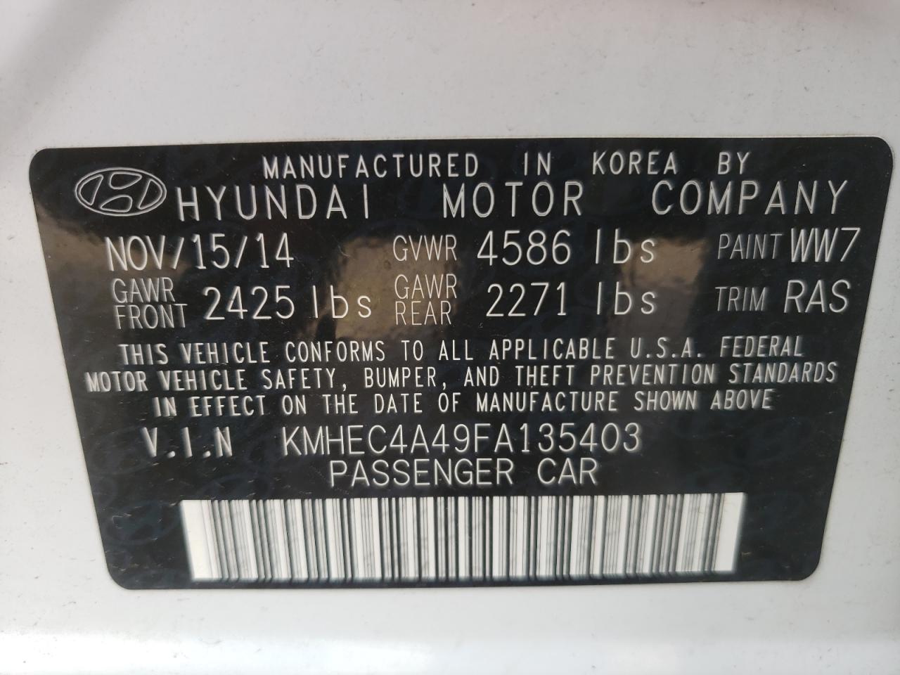 Photo 10 from auction – 2015 HYUNDAI SONATA HYB with VIN KMHEC4A49FA135403
