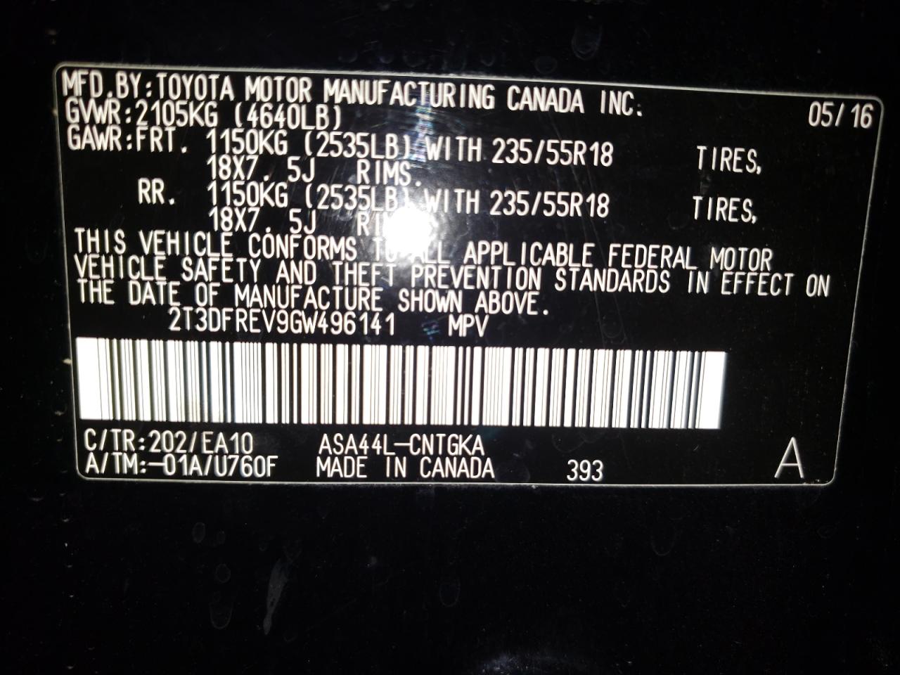 Photo 10 from auction – 2016 TOYOTA RAV4 LIMIT with VIN 2T3DFREV9GW496141