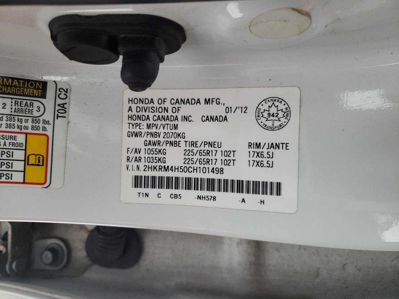 Photo 10 from auction – 2012 HONDA CR-V EX with VIN 2HKRM4H50CH101498