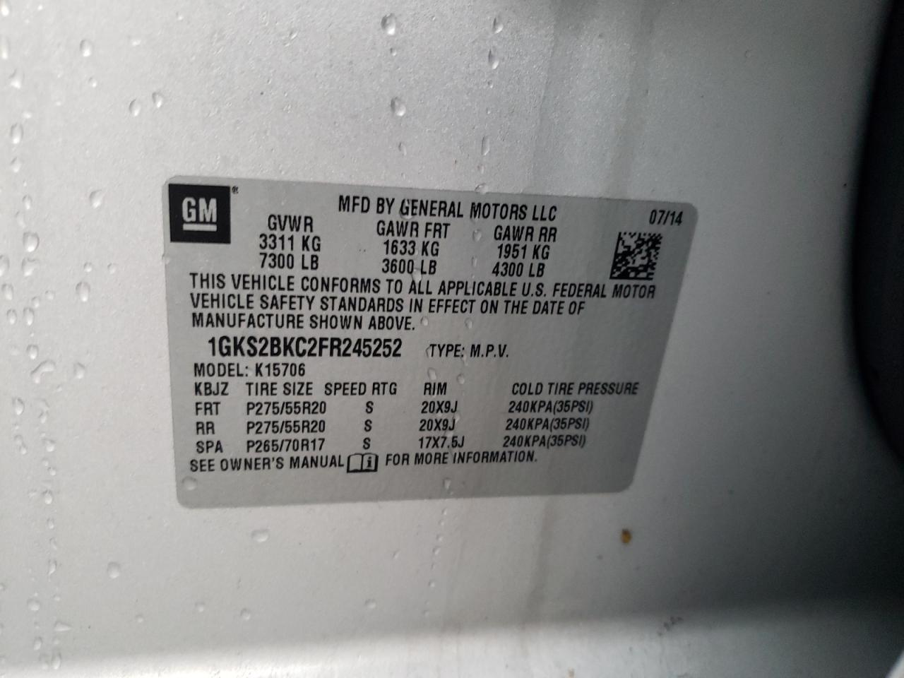 Photo 10 from auction – 2015 GMC YUKON SLT with VIN 1GKS2BKC2FR245252