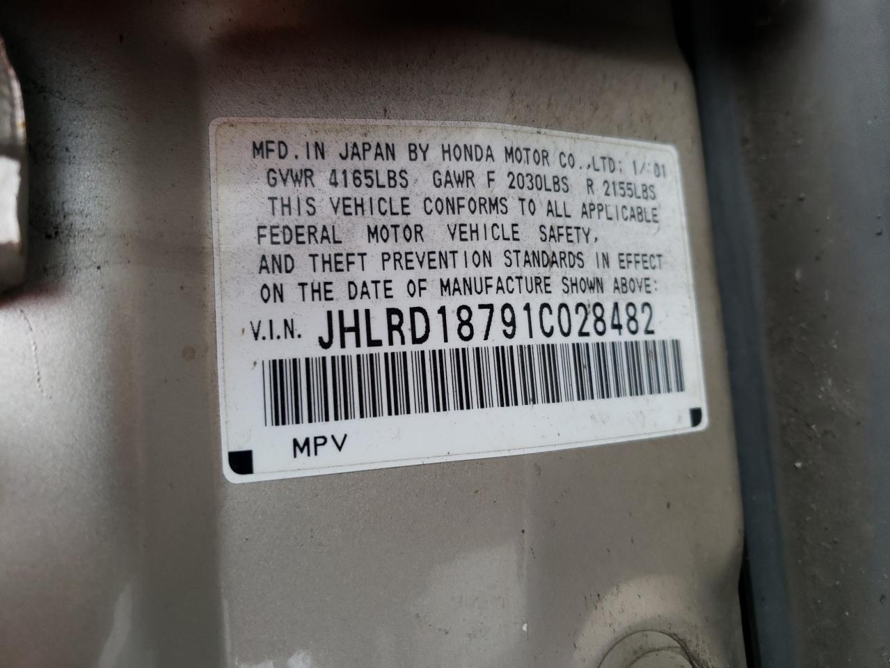 Photo 10 from auction – 2001 HONDA CR-V SE with VIN JHLRD18791C028482