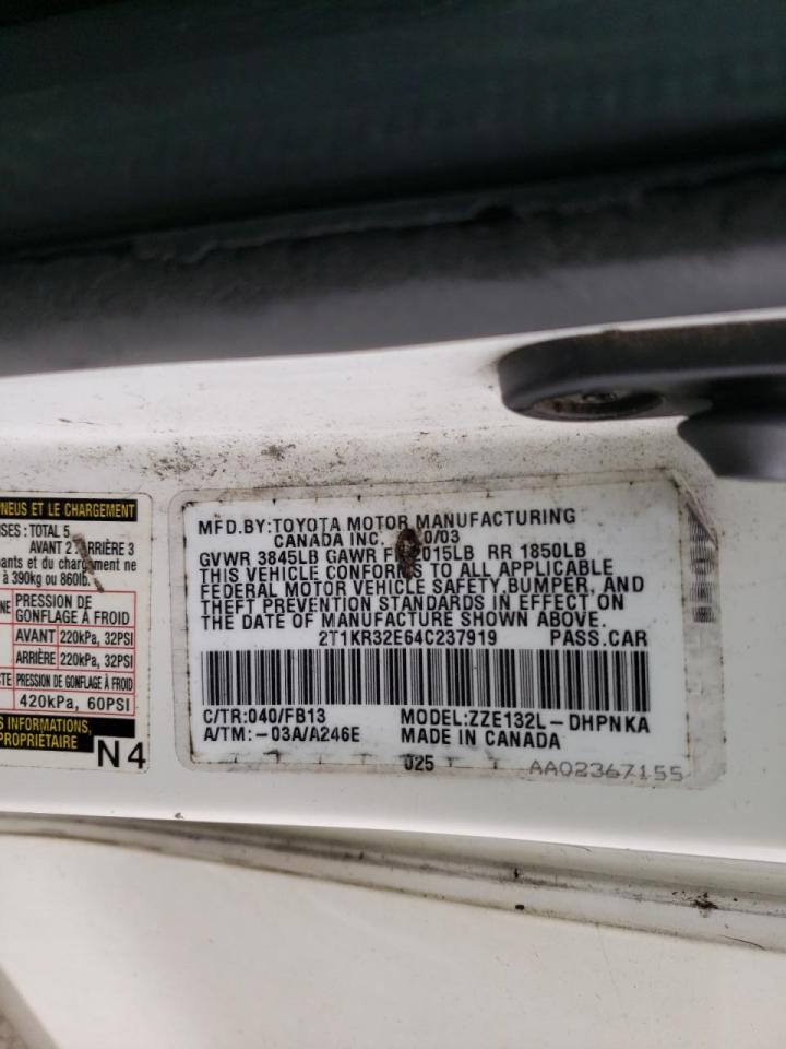 Zdjęcie 10 z aukcji – 2004 TOYOTA COROLLA MA z VIN 2T1KR32E64C237919