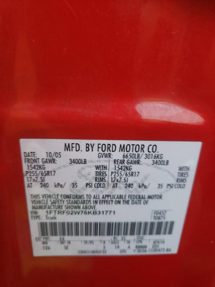 Photo 10 from auction – 2006 FORD F150 with VIN 1FTRF02W76KB31771