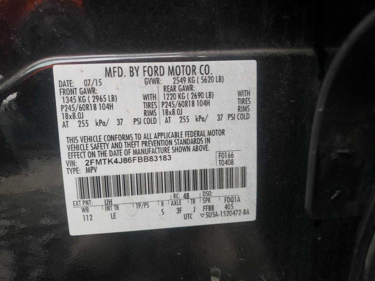 Photo 10 from auction – 2015 FORD EDGE SEL with VIN 2FMTK4J86FBB83183