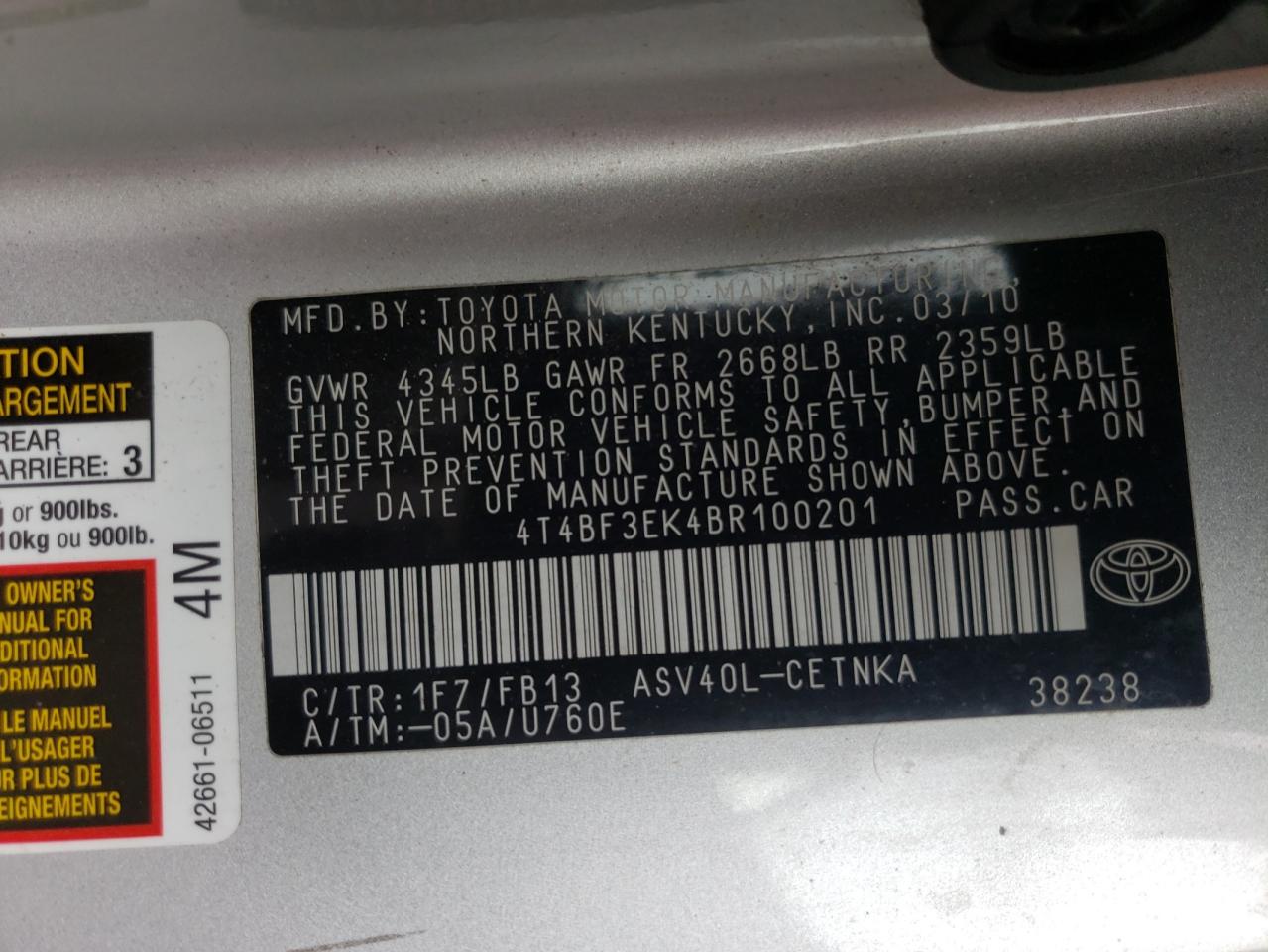 Photo 10 from auction – 2011 TOYOTA CAMRY BASE with VIN 4T4BF3EK4BR100201