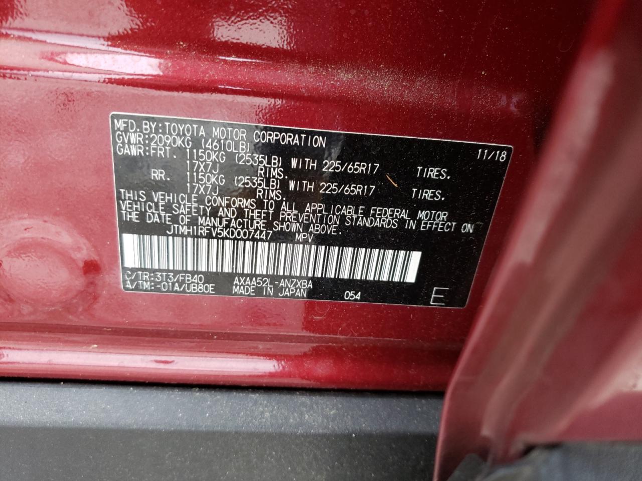 Photo 10 from auction – 2019 TOYOTA RAV4 LE with VIN JTMH1RFV5KD007447